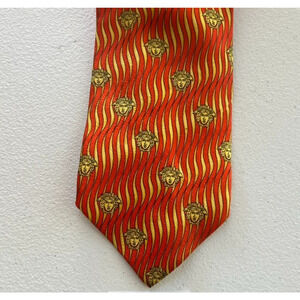 Gianni Versace Necktie Silk Medusa Print Orange Gold Italy Vintage